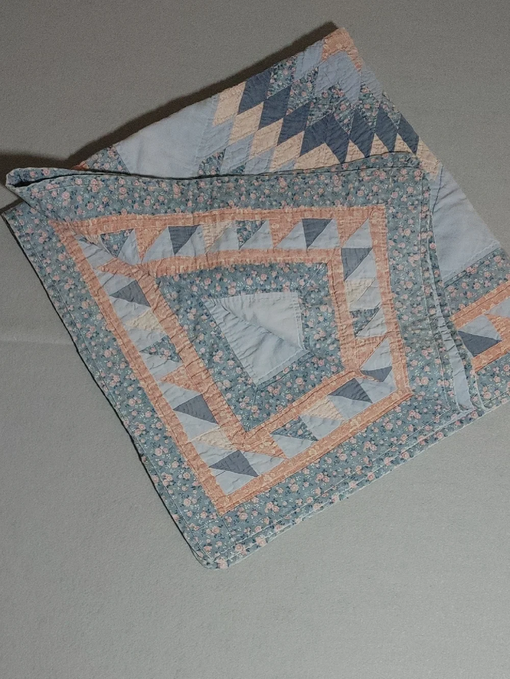 Antique Square Lonestar Small Hand Quilted Quilt in Blue and Pink